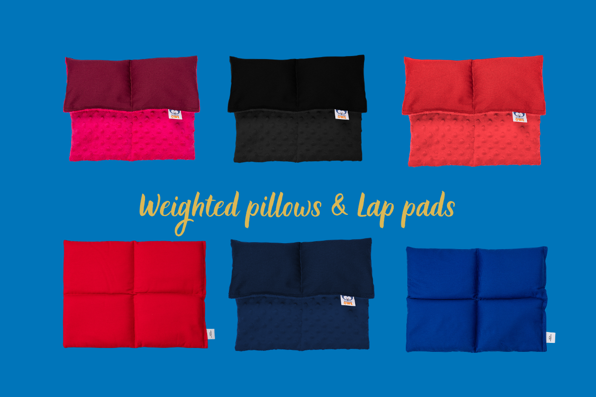banner with the various weighted lap pads and lap pillows offeret by sensory owl on the blue background